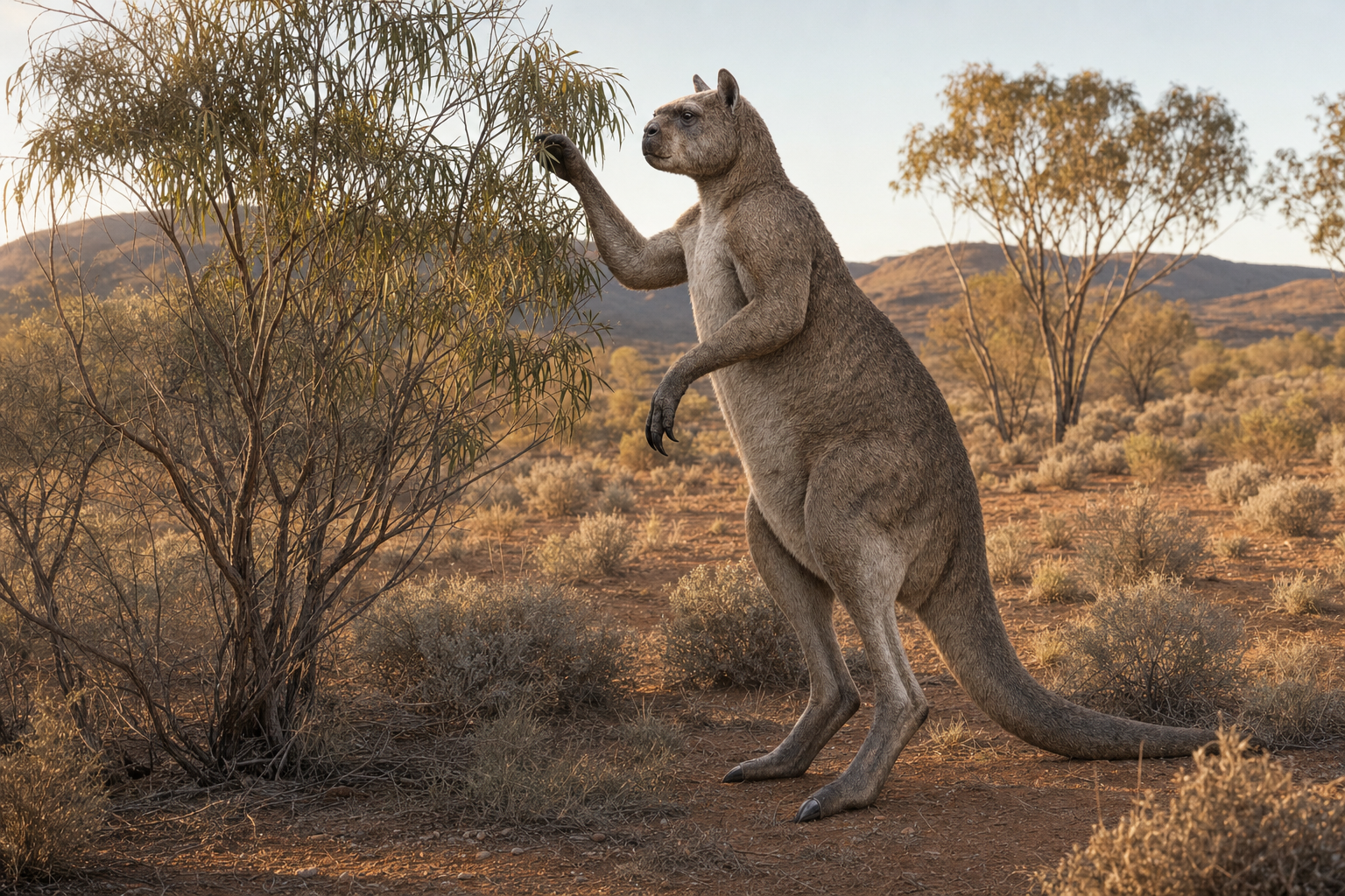 Un Procoptodon broutant un arbuste dans l'outback australien au crépuscule