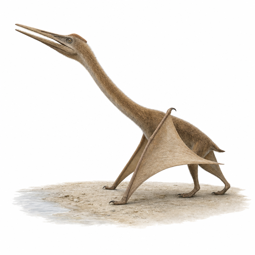 Reconstitution d'un Pterodactylus antiquus, petit reptile volant au corps couvert de duvet, long bec garni de fines dents et grandes ailes membraneuses tendues sur un long quatrième doigt, posé au bord d'une lagune du Jurassique