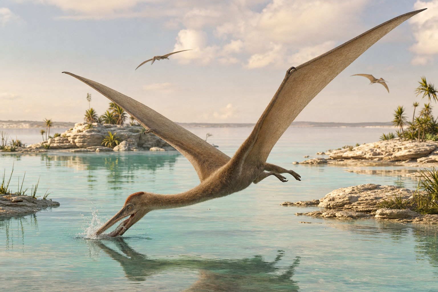 Un Pterodactylus en vol au-dessus d'une lagune turquoise du Jurassique, frôlant la surface de l'eau pour attraper un poisson, sous un ciel chaud de fin de journée