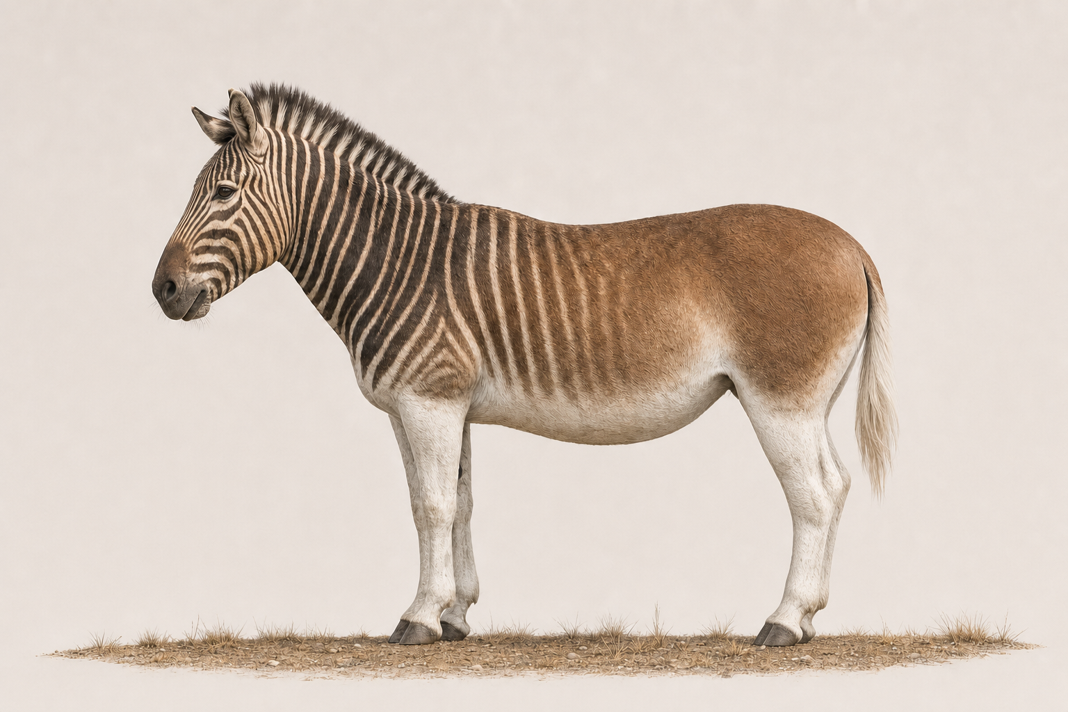 Reconstitution de profil d'un quagga, équidé au pelage brun-roux, rayé seulement sur la tête, le cou et l'avant du corps, l'arrière-train uni et les pattes claires, debout dans une plaine d'herbe sèche