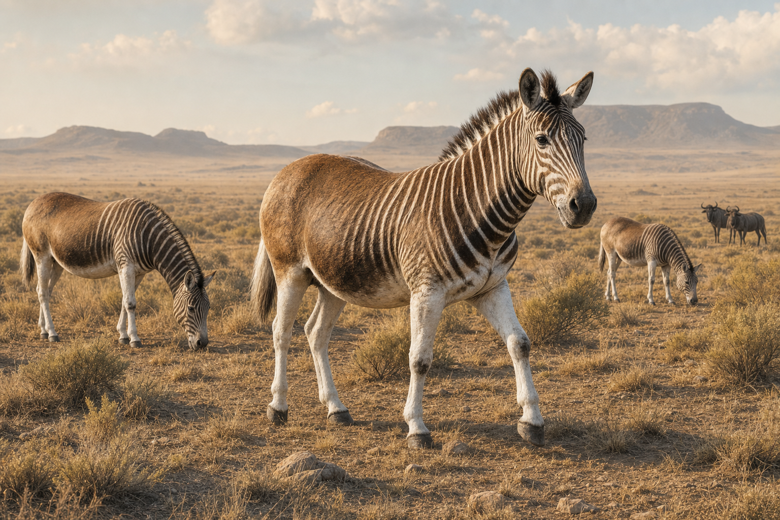 Un troupeau de quaggas dans une plaine sèche du Karoo sud-africain à la lumière dorée, avec des gnous et des collines au loin