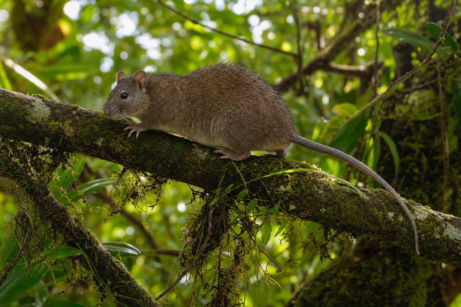 Un rat de Maclear grimpant le long d'une branche dans la forêt de l'île Christmas