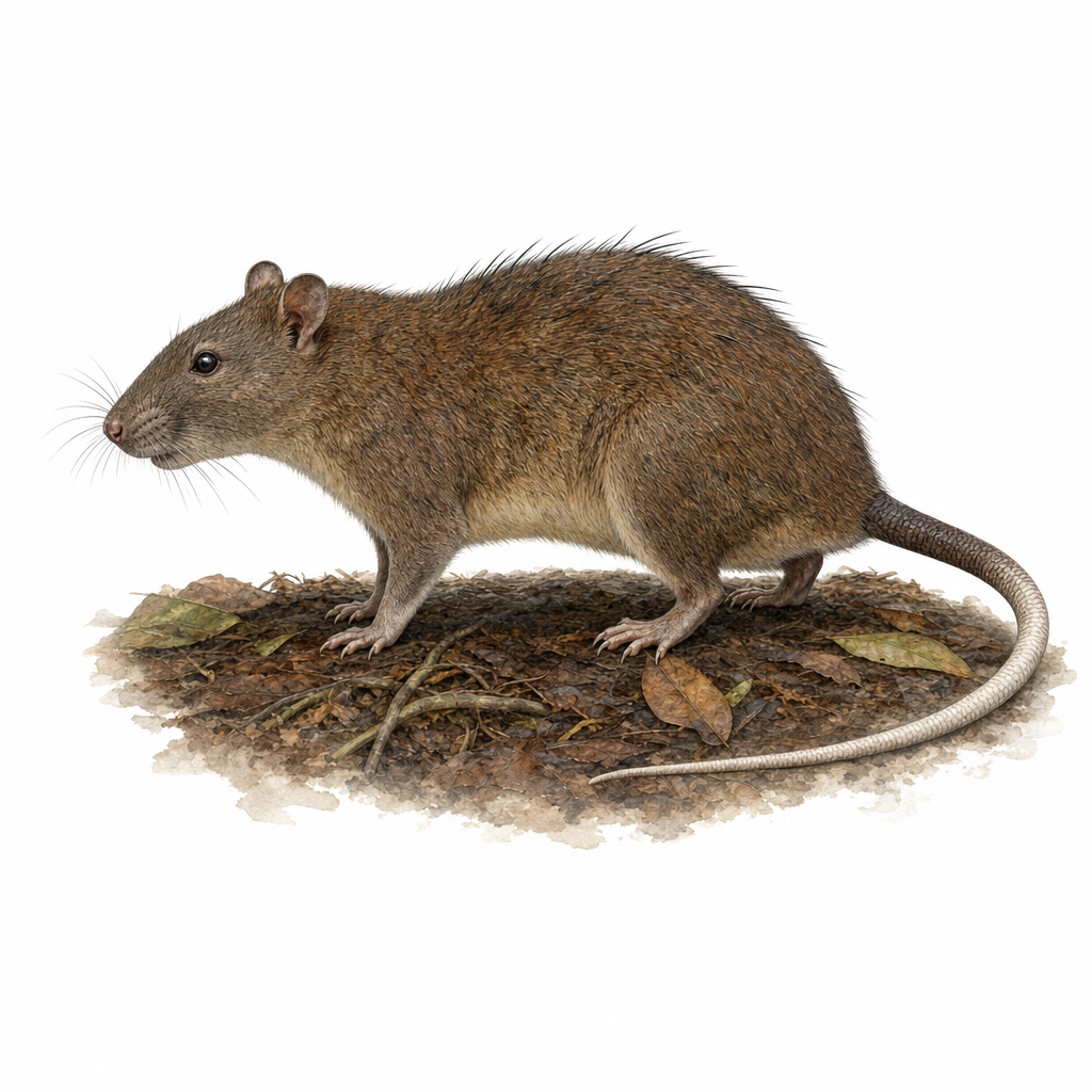 Reconstitution d'un rat de Maclear (Rattus macleari), rongeur au pelage brun roux grisonnant et à la queue bicolore, sur le sol d'une forêt tropicale de l'île Christmas