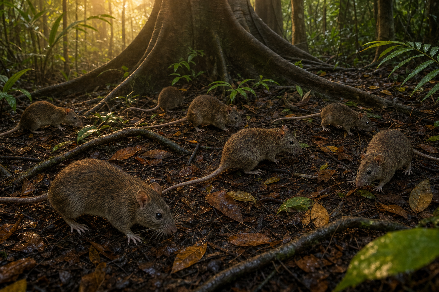 Scène nocturne montrant de nombreux rats de Maclear qui grouillent sur le sol de la forêt tropicale de l'île Christmas, à la lueur du crépuscule