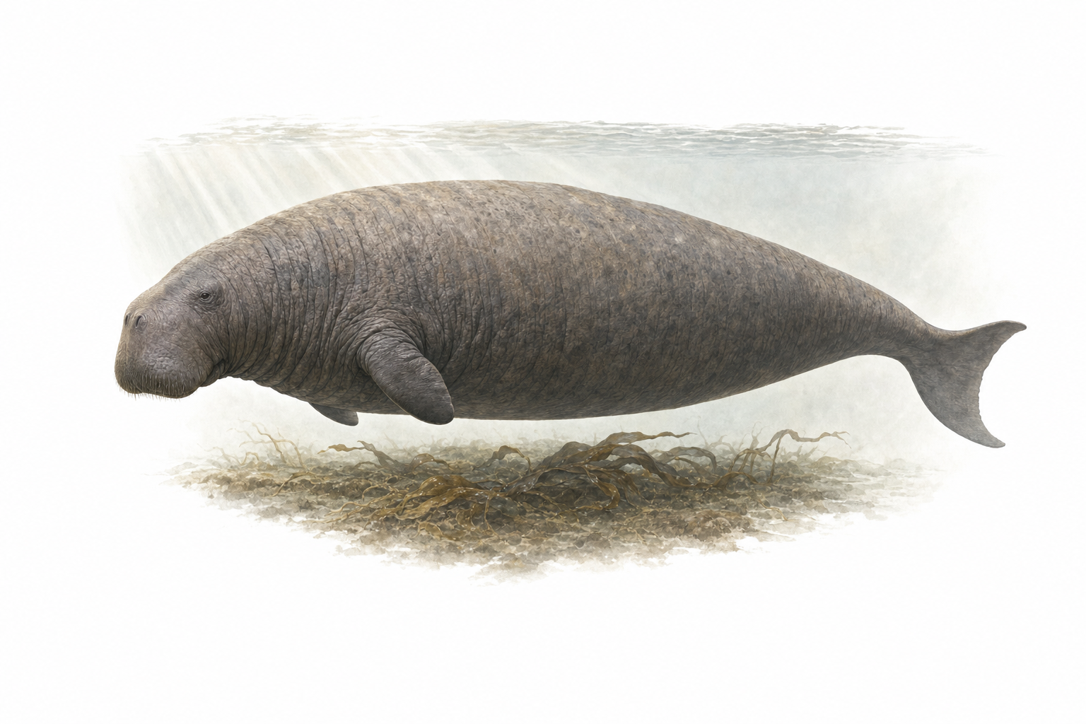 Reconstitution d'une rhytine de Steller, énorme sirénien au corps massif, à la peau épaisse et ridée comme de l'écorce, à la petite tête et à la nageoire caudale fourchue, flottant près de la surface