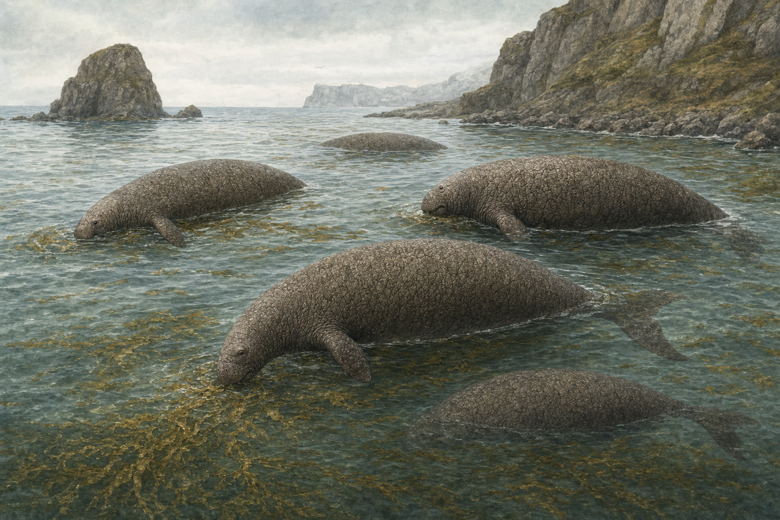 Scène d'un groupe de rhytines de Steller broutant des algues dans les eaux froides et peu profondes d'une île de la mer de Béring