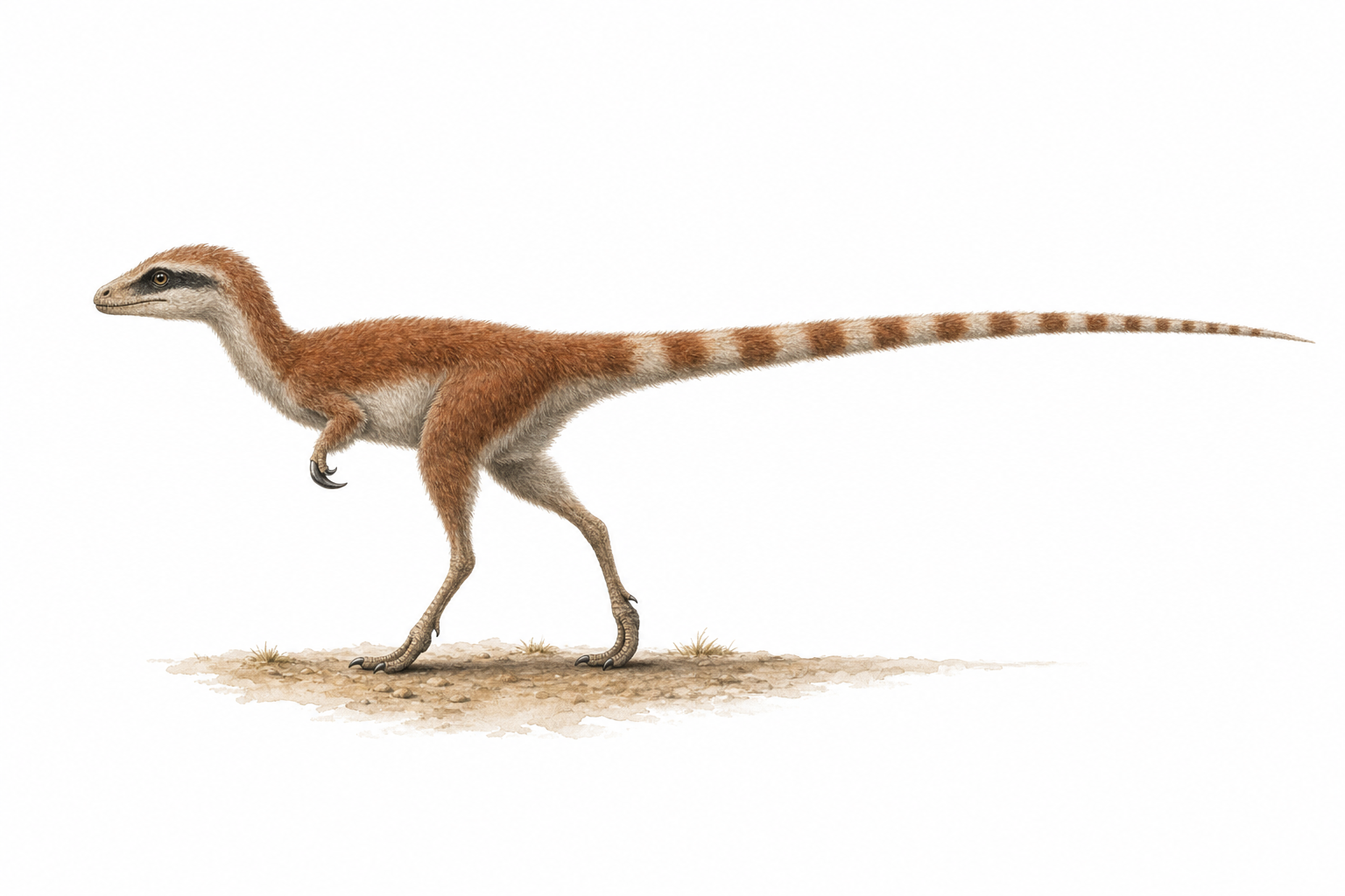 Reconstitution d'un Sinosauropteryx, petit théropode bipède au corps couvert d'un duvet roux, au ventre clair, à la longue queue annelée de bandes et au masque sombre autour des yeux