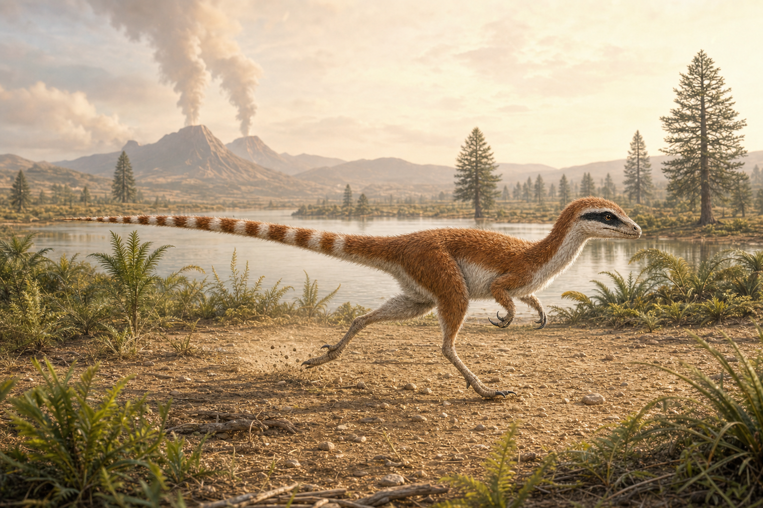 Reconstitution d'un Sinosauropteryx roux chassant dans le biote de Jehol au Crétacé