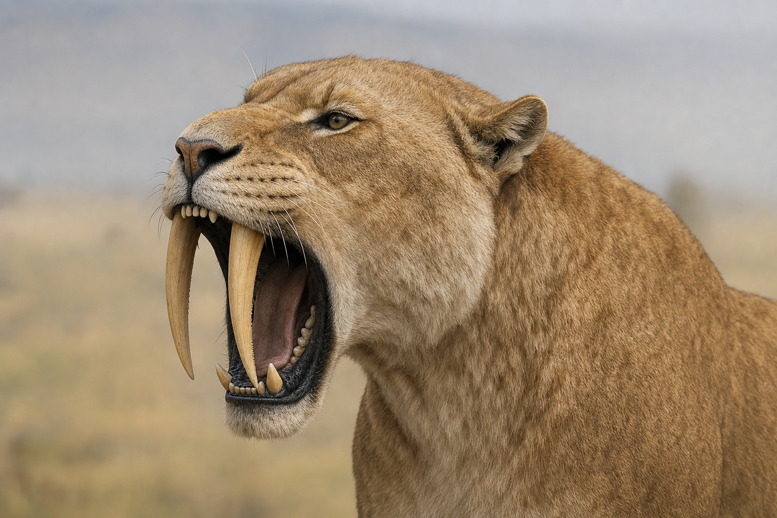 Gros plan sur la tête d'un Smilodon, gueule grande ouverte à plus de cent degrés, révélant en détail les deux longues canines en sabre dentelées