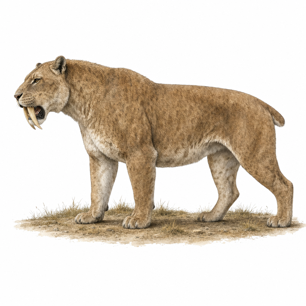 Reconstitution d'un Smilodon fatalis adulte, de profil, gueule entrouverte sur ses deux longues canines en sabre, dans un paysage de prairie nord-américaine du Pléistocène