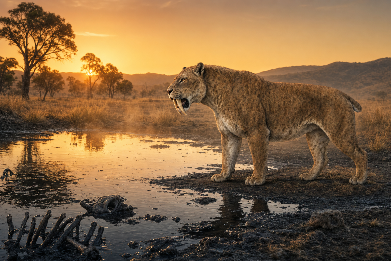 Reconstitution d'un Smilodon fatalis au bord d'une mare de bitume de Rancho La Brea, au crépuscule, dans un paysage de Californie du Pléistocène