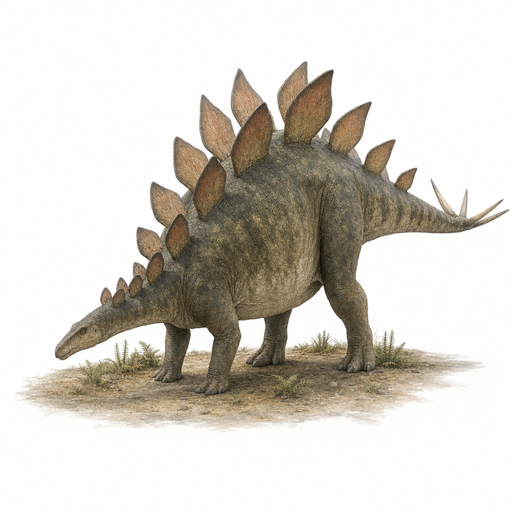 Reconstitution d'un Stegosaurus vu de trois-quarts sur ses quatre pattes, montrant la double rangée de plaques dorsales et les pointes de la queue, dans un paysage du Jurassique supérieur
