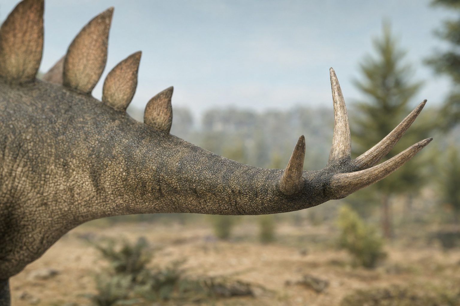 Gros plan sur la queue d'un Stegosaurus montrant en détail les quatre longues pointes osseuses du thagomizer dressées sur les côtés