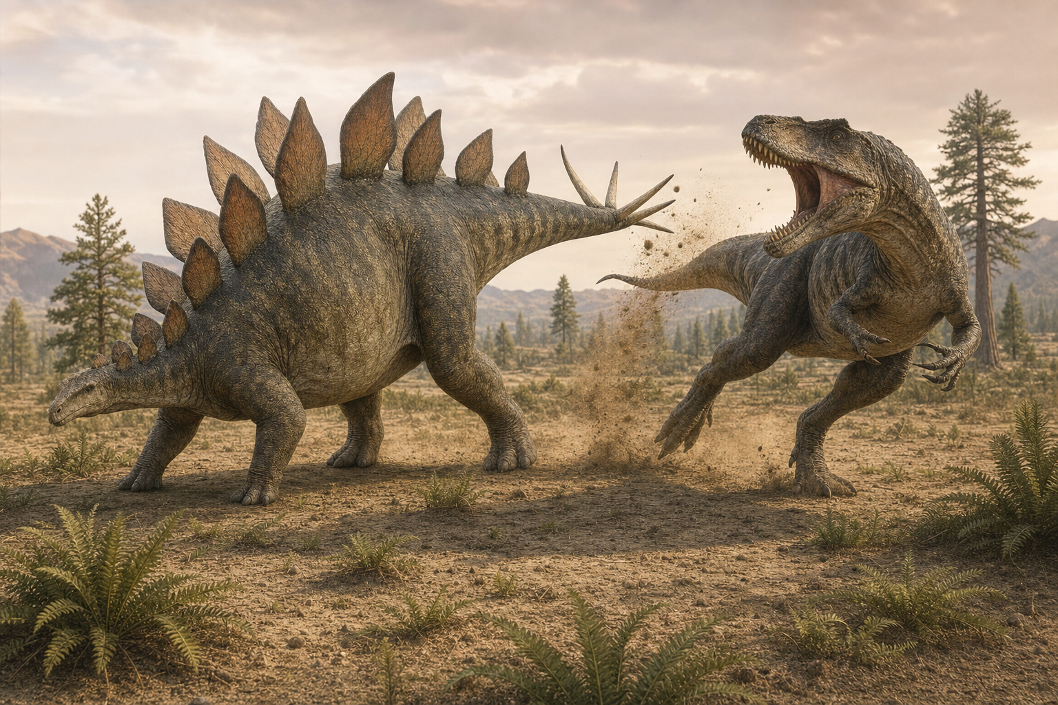 Un Stegosaurus fait face à un Allosaurus en balançant sa queue garnie de pointes (thagomizer) pour se défendre, dans une plaine de la Formation de Morrison au Jurassique supérieur