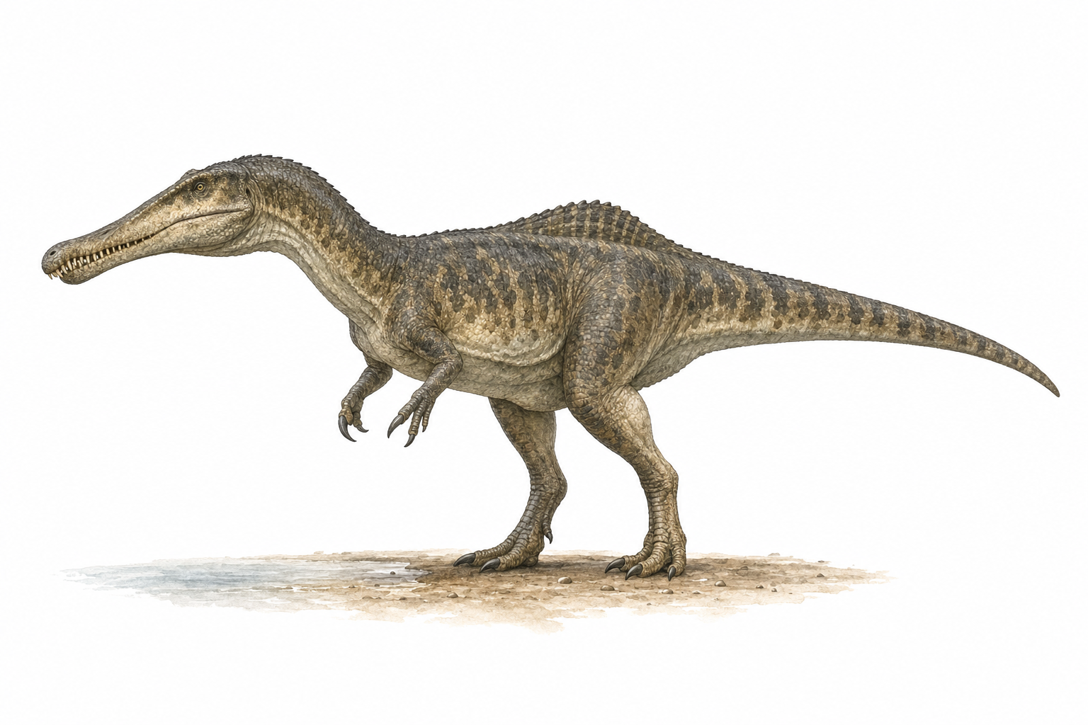 Reconstitution de profil du Suchomimus, grand dinosaure théropode au long museau étroit de crocodile, portant une voile basse sur les hanches, au bord d'une rivière