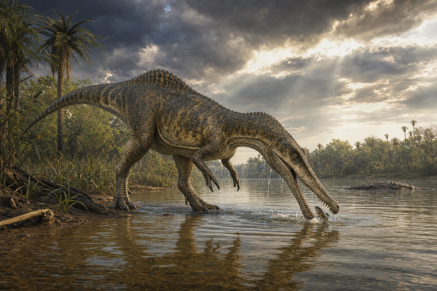 Scène d'un Suchomimus pataugeant dans un fleuve de l'Afrique crétacée et plongeant son museau pour attraper un poisson, sous un ciel d'orage tropical