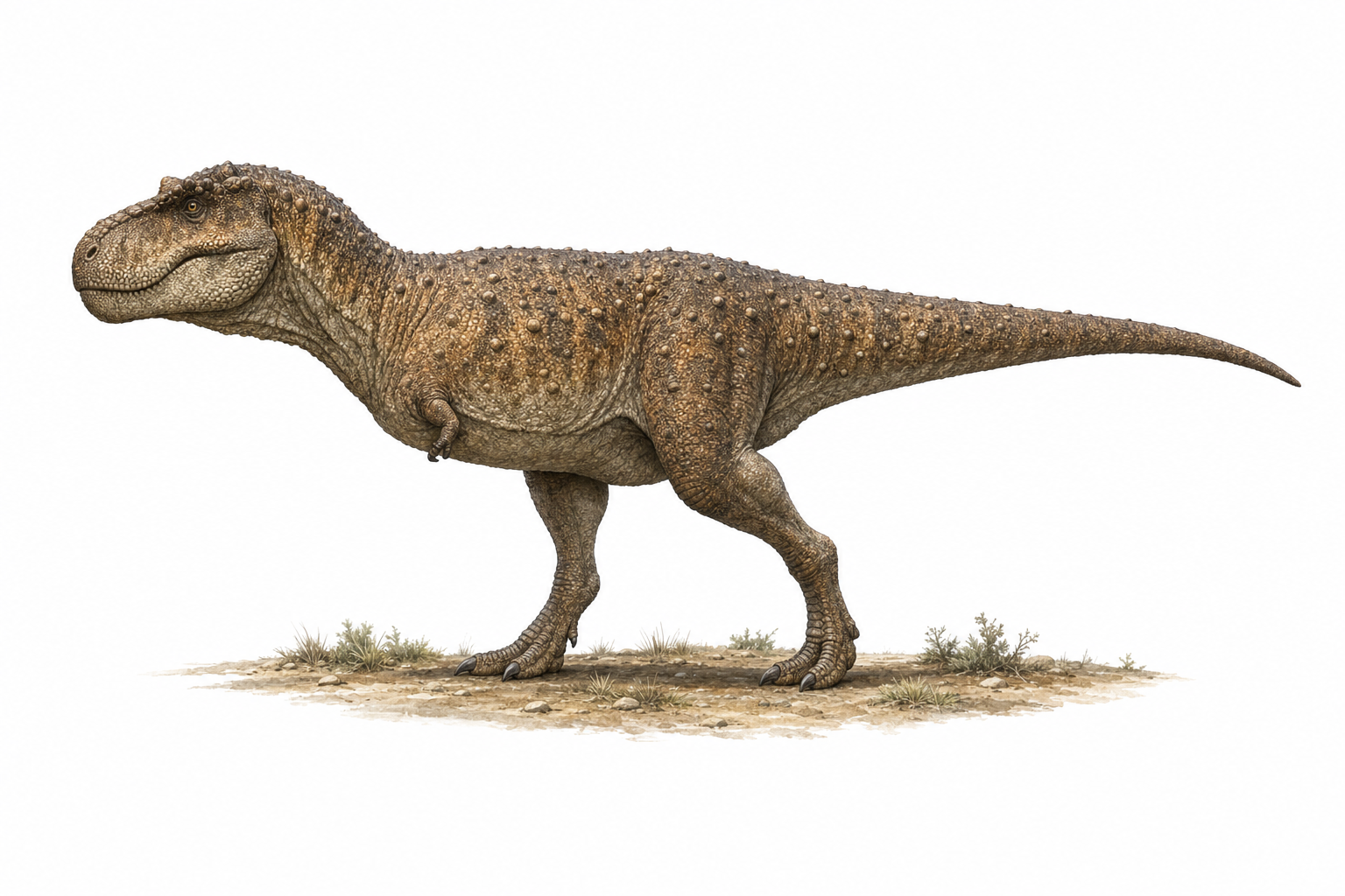 Reconstitution d'un Tarascosaurus, théropode abélisauridé bipède au crâne court et profond et aux petits bras, debout dans un paysage du Crétacé supérieur de Provence
