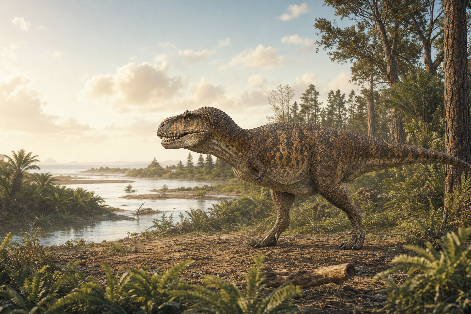 Un Tarascosaurus chassant au bord d'un delta côtier chaud de l'archipel européen du Crétacé supérieur, parmi fougères et conifères