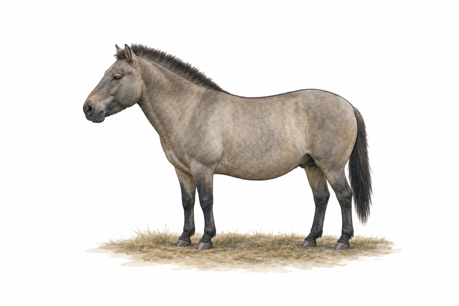 Reconstitution d'un tarpan, petit cheval sauvage gris-souris à la crinière sombre semi-dressée et à la raie de mulet sur le dos, dans une steppe d'Europe de l'Est