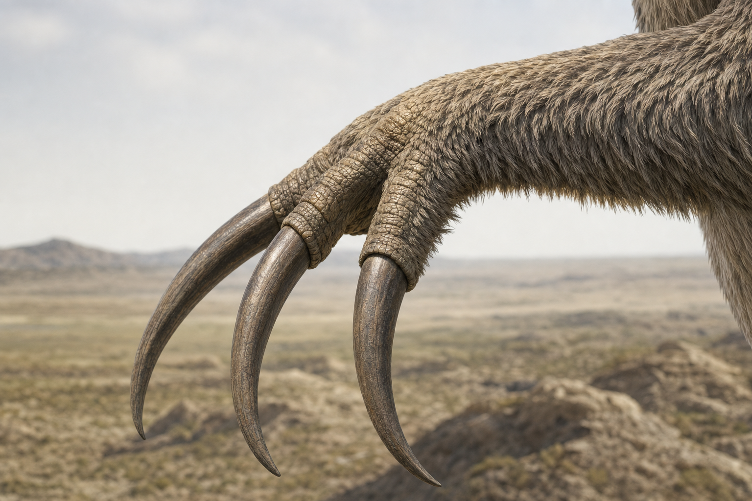 Gros plan sur la main d'un Therizinosaurus montrant ses trois immenses griffes osseuses recourbées, longues d'environ un demi-mètre
