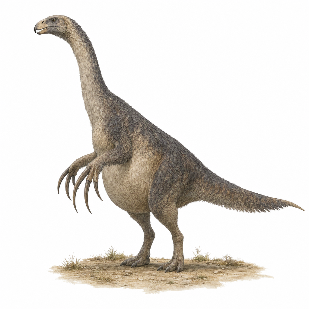 Reconstitution d'un Therizinosaurus cheloniformis, grand dinosaure théropode emplumé à long cou, petite tête à bec, gros ventre et immenses griffes aux mains, debout dans un paysage de Mongolie au Crétacé supérieur