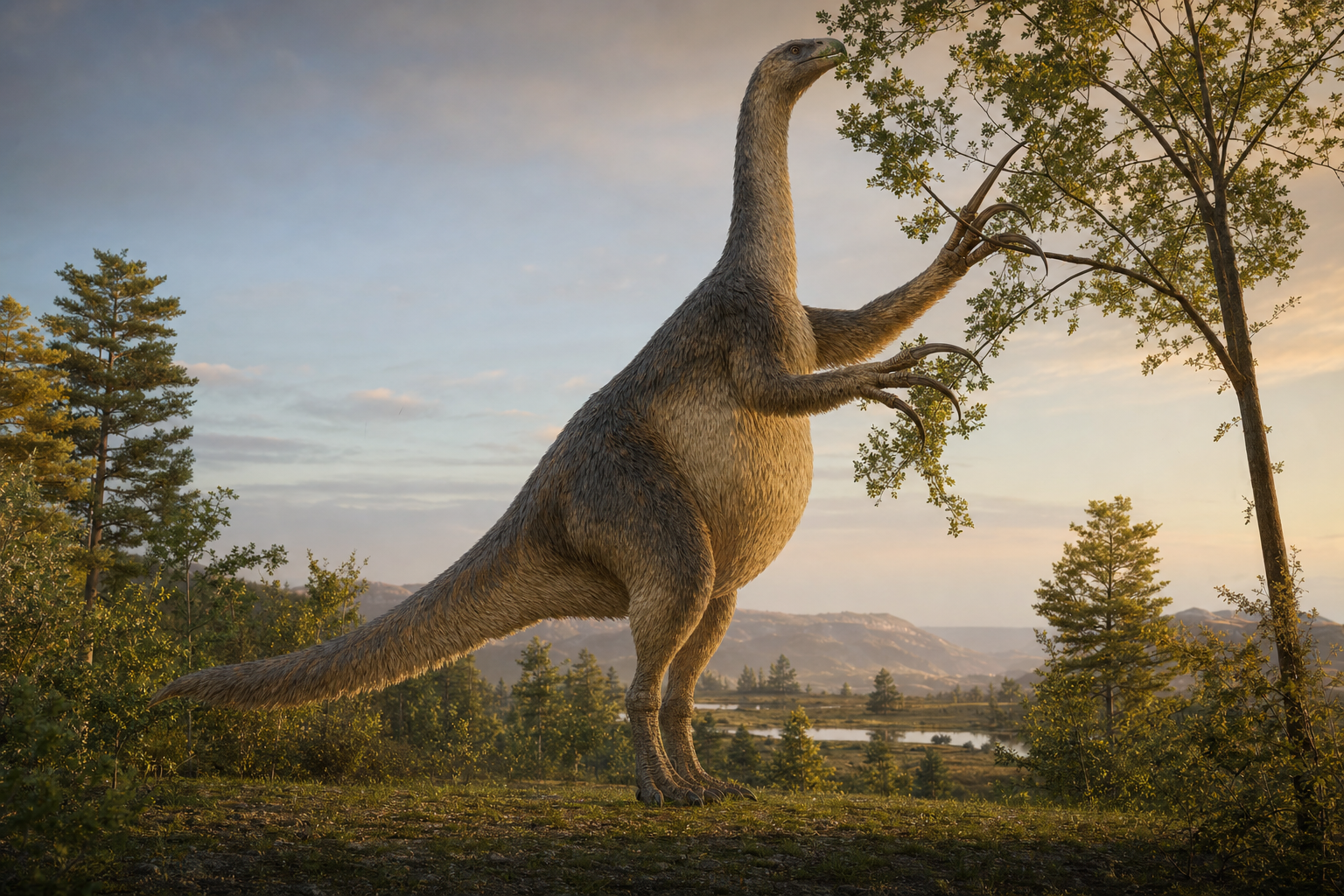 Un Therizinosaurus se nourrissant de feuillages dans une plaine boisée de Mongolie au Crétacé supérieur, dans la lumière chaude du soir