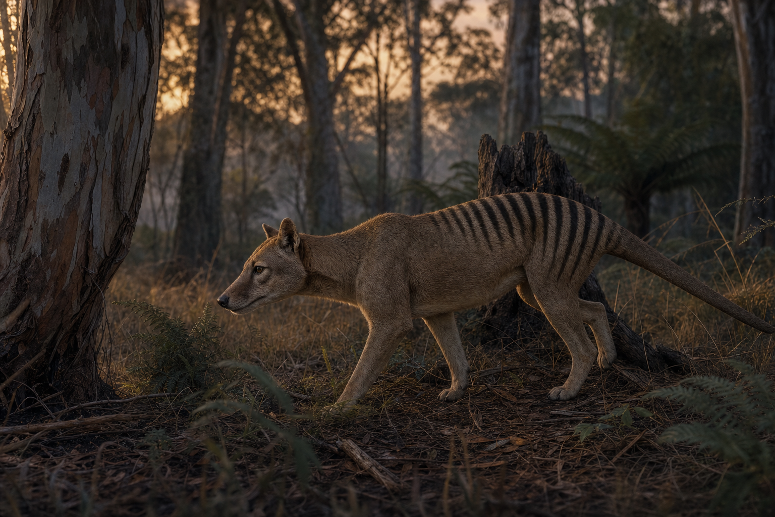 Thylacine (Thylacinus cynocephalus) à l'affût dans la forêt de Tasmanie