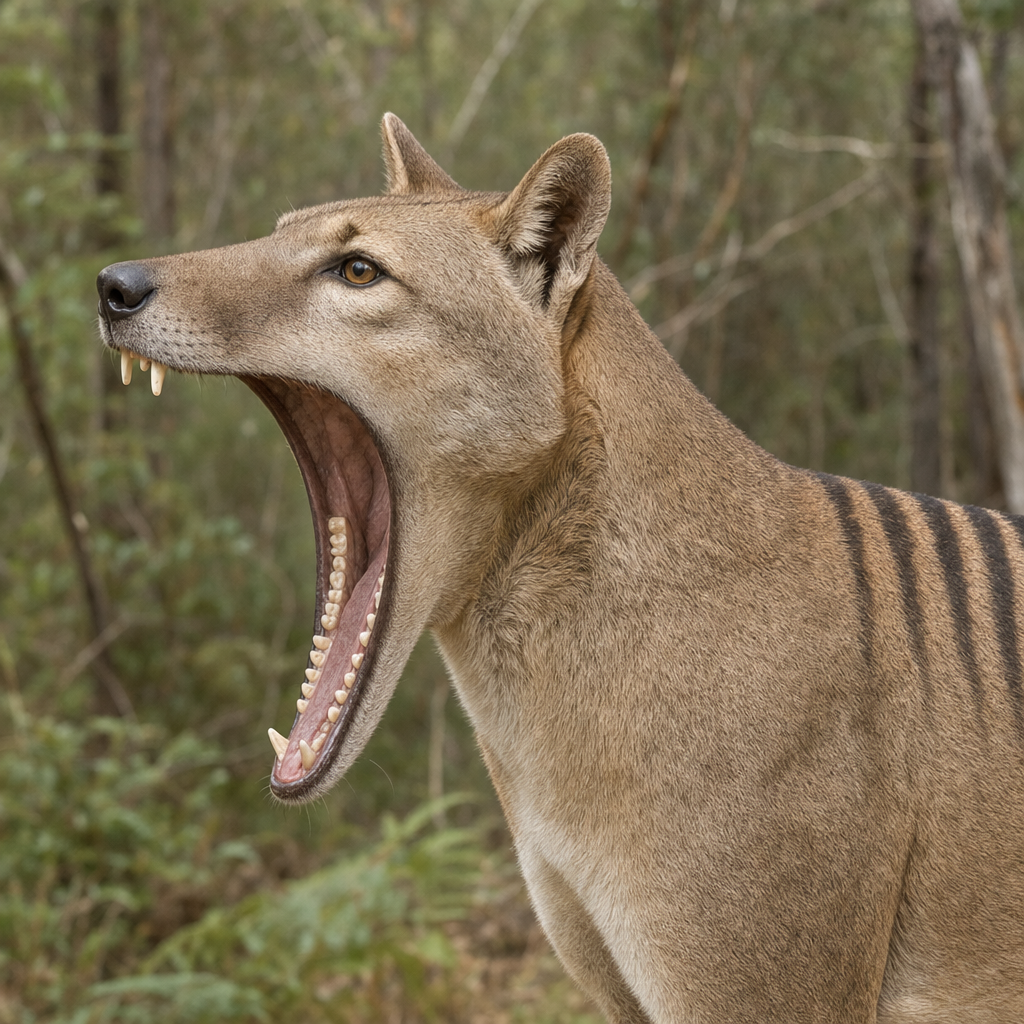 Gros plan d'un thylacine (Thylacinus cynocephalus) la gueule grande ouverte à environ 80 degrés, révélant ses longues mâchoires fines