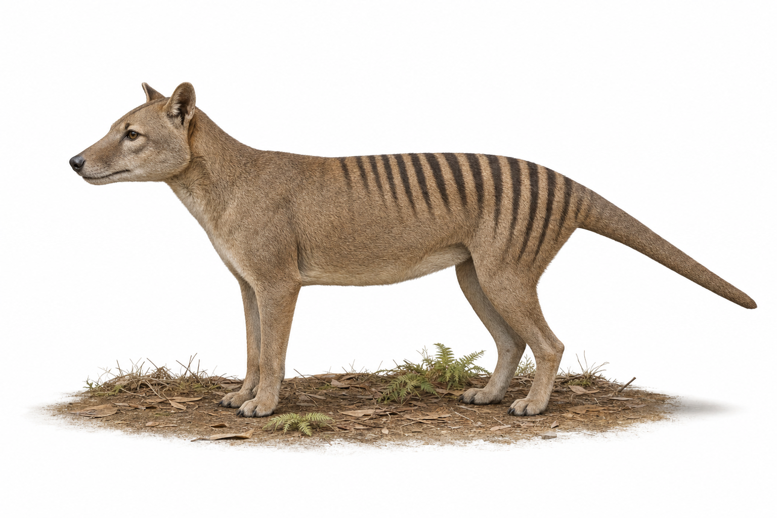 Reconstitution d'un thylacine (Thylacinus cynocephalus), de profil, rayures sombres sur l'arrière-train, sur un sol de forêt tempérée tasmanienne