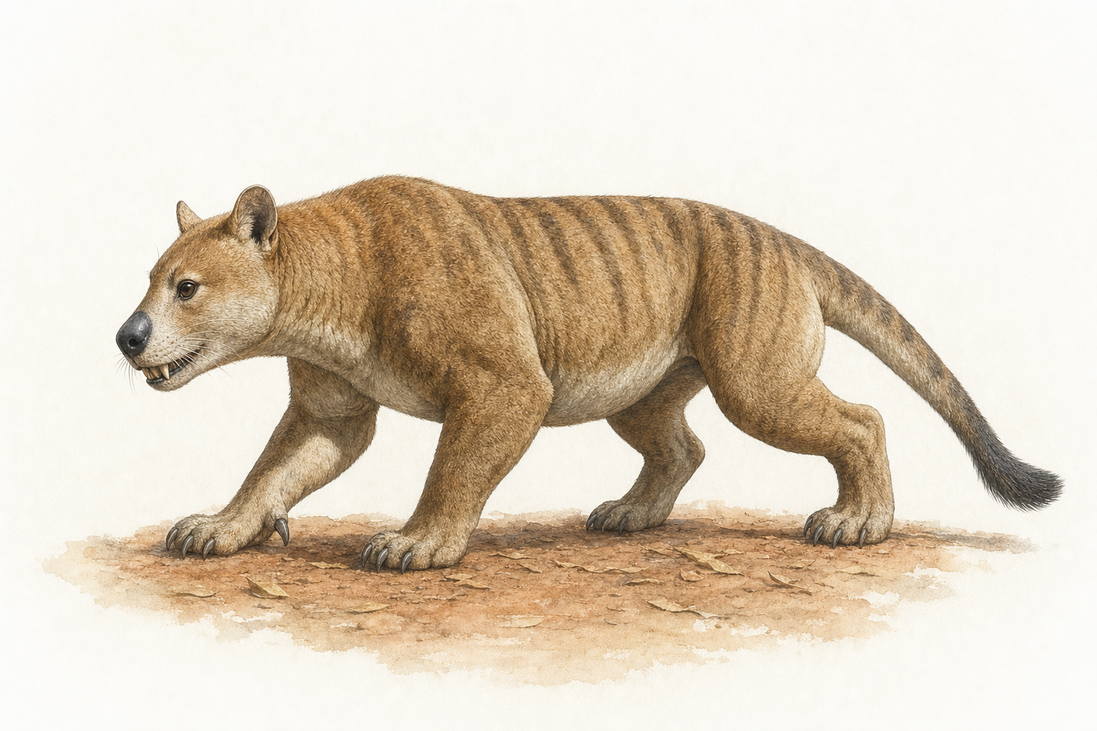 Reconstitution d'un Thylacoleo carnifex, prédateur marsupial trapu de la taille d'un léopard, au corps musculeux, à la grosse tête courte et aux puissantes pattes avant griffues, dans une forêt claire d'Australie du Pléistocène