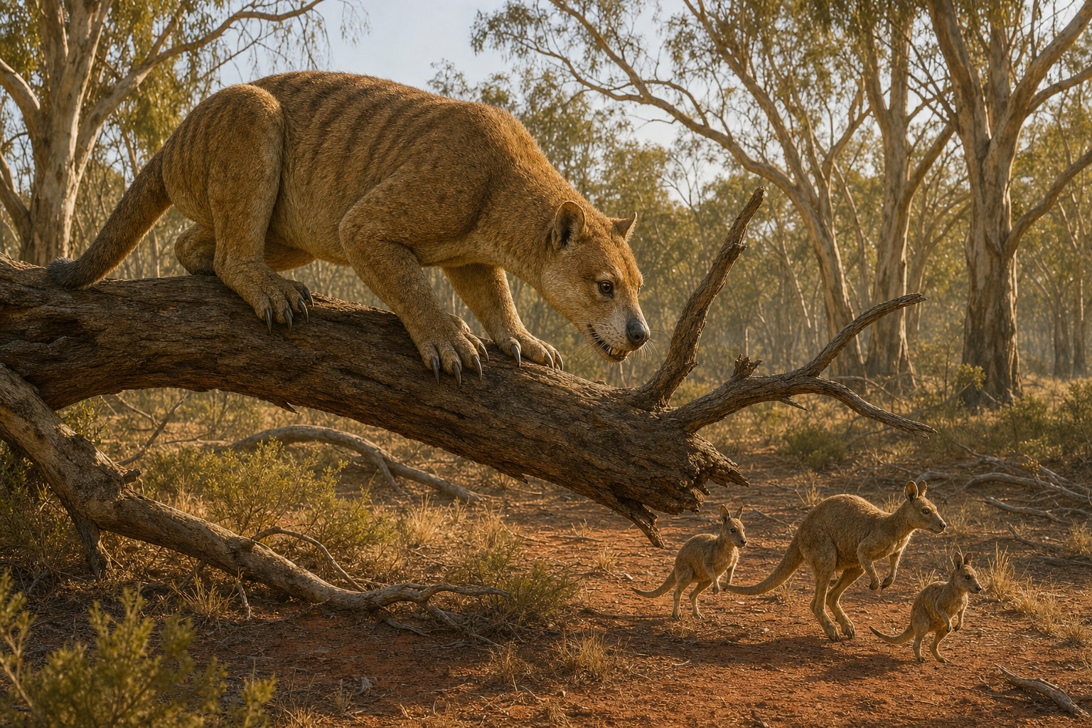 Reconstitution d'un Thylacoleo à l'affût dans une forêt d'eucalyptus d'Australie au Pléistocène