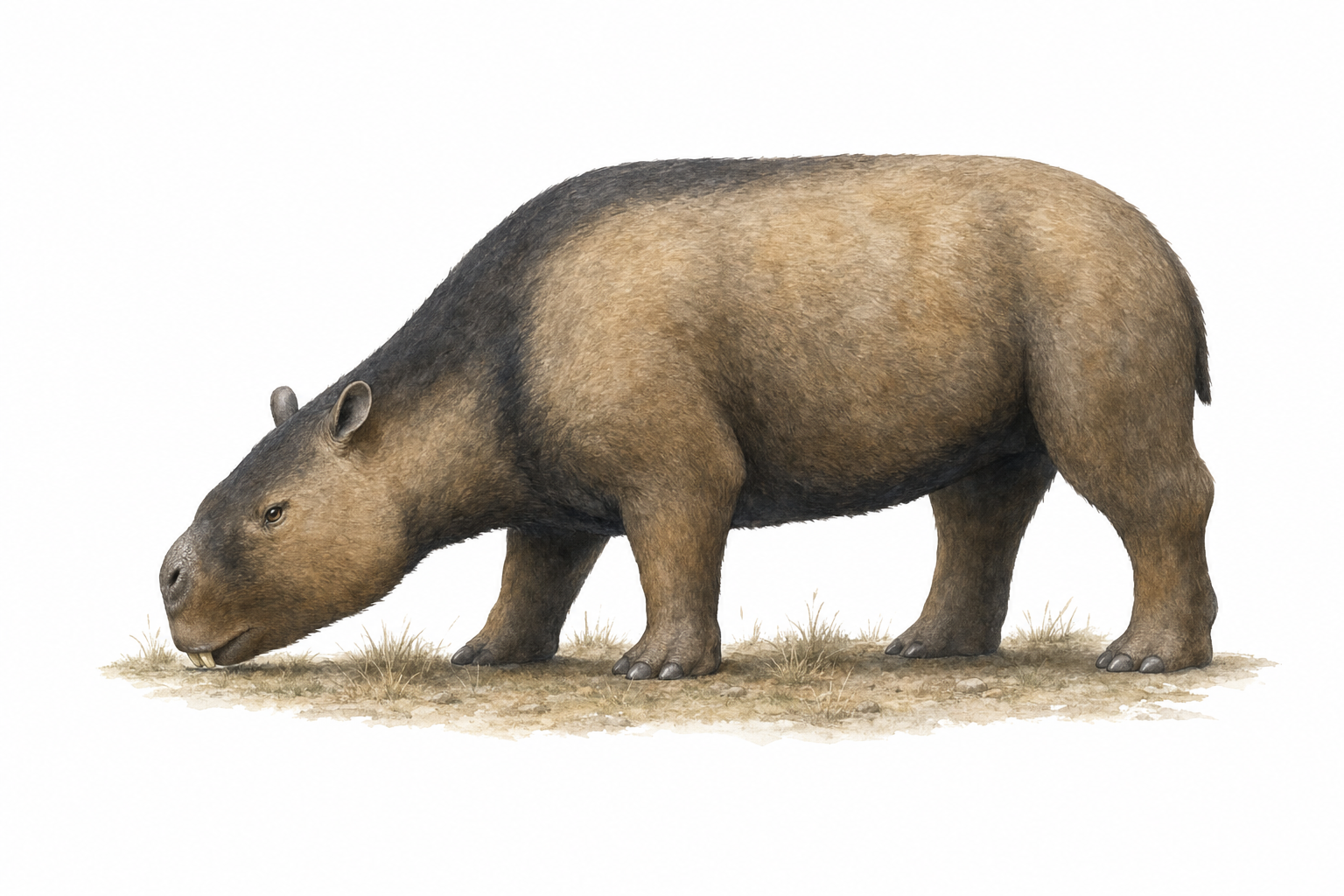 Reconstitution de profil du Toxodon, mammifère massif au corps de rhinocéros et à la large tête de capybara géant, dans une plaine herbeuse de la Pampa