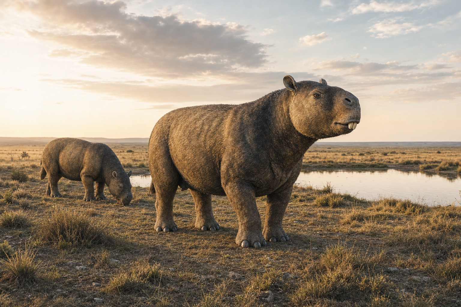 Scène d'un troupeau de Toxodon dans une plaine herbeuse de la Pampa au Pléistocène, près d'un point d'eau, sous un grand ciel