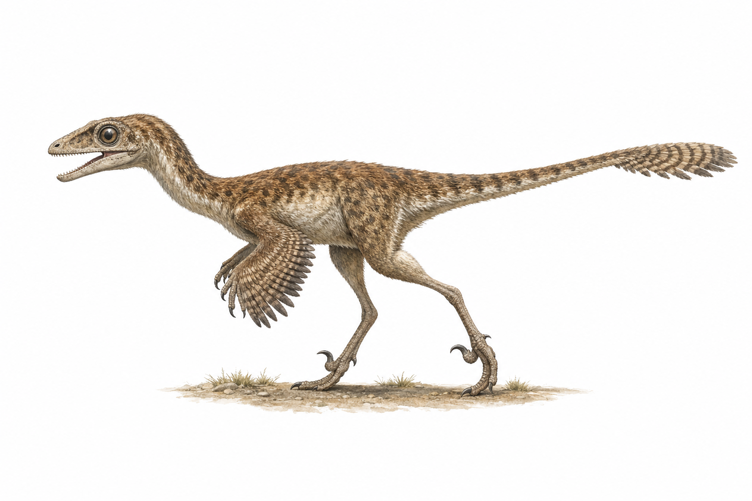 Troodon reconstitution de profil : petit théropode emplumé au grand crâne, aux très grands yeux et à la griffe en faucille au pied