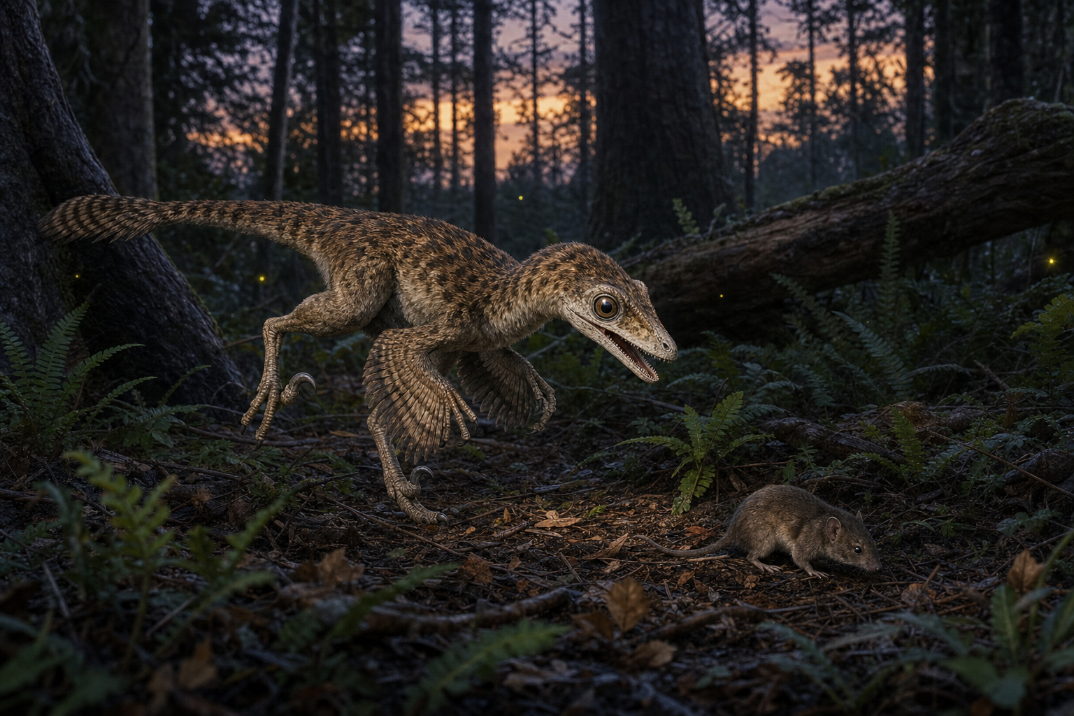 Troodon emplumé chassant un petit mammifère au crépuscule dans une forêt du Crétacé supérieur nord-américain