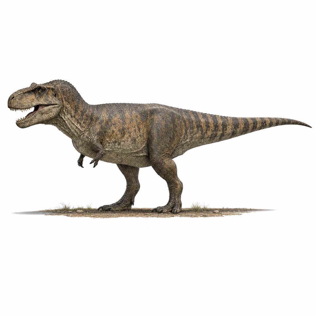 Reconstitution d'un Tyrannosaurus rex adulte, de profil, sur un sol de plaine boisée du Crétacé supérieur