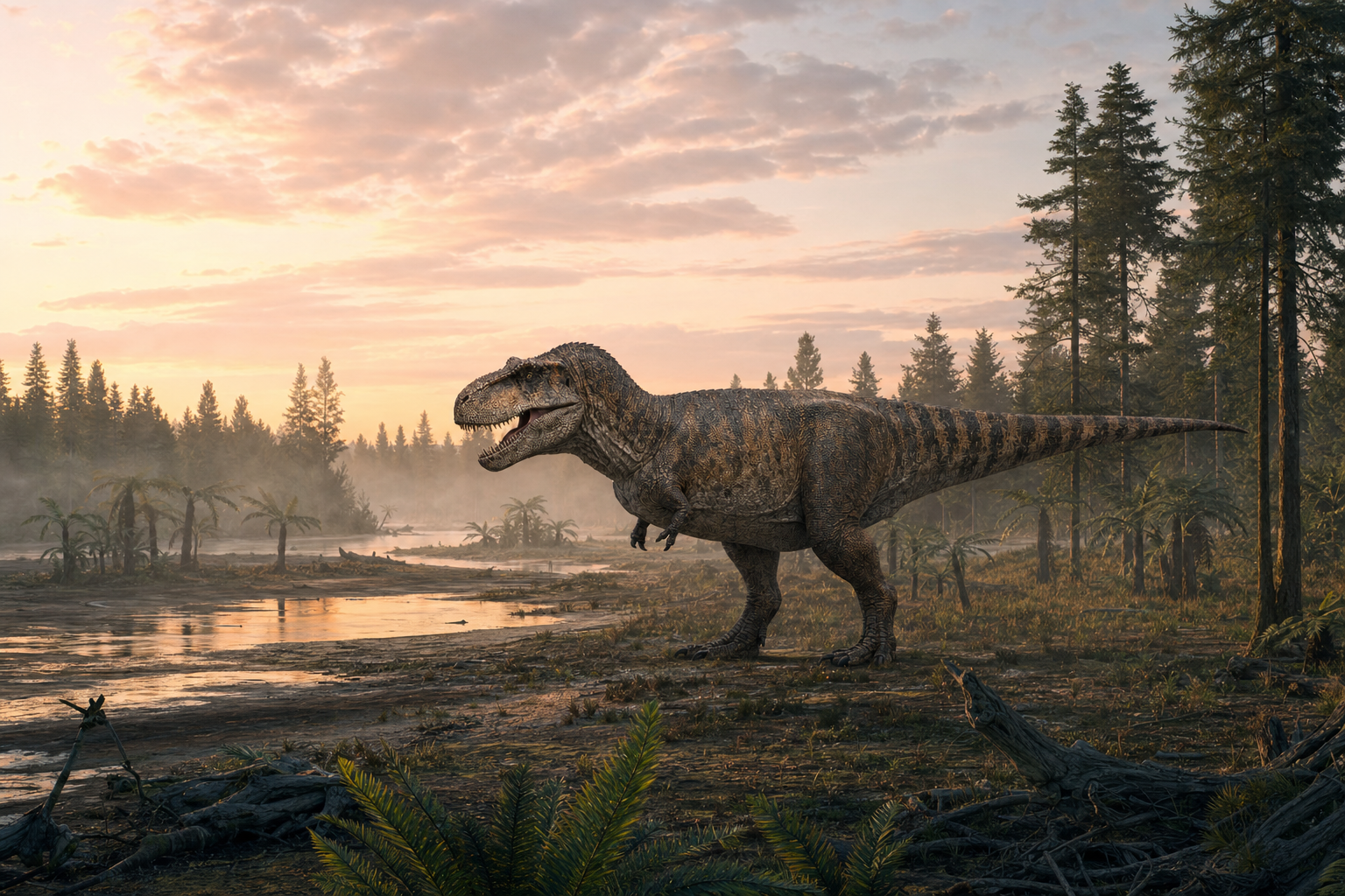 Un Tyrannosaurus rex traverse la plaine de Hell Creek à l'aube