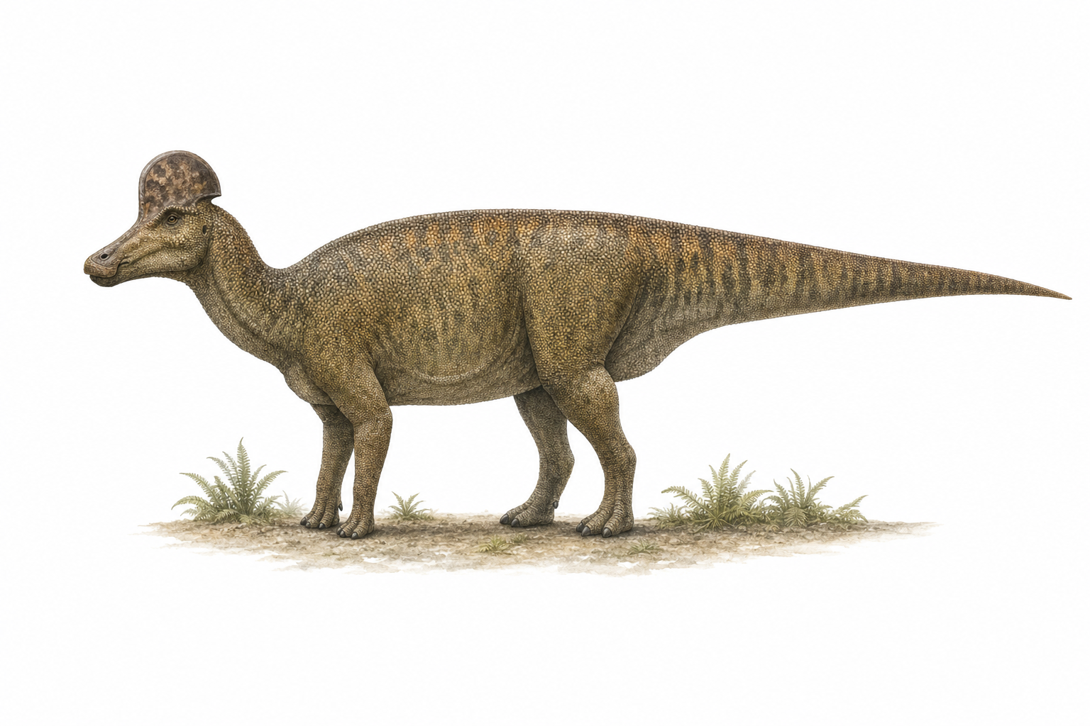 Reconstitution de profil du Corythosaurus, dinosaure herbivore à bec de canard portant une crête crânienne creuse en forme de casque arrondi, peau couverte de petites écailles polygonales