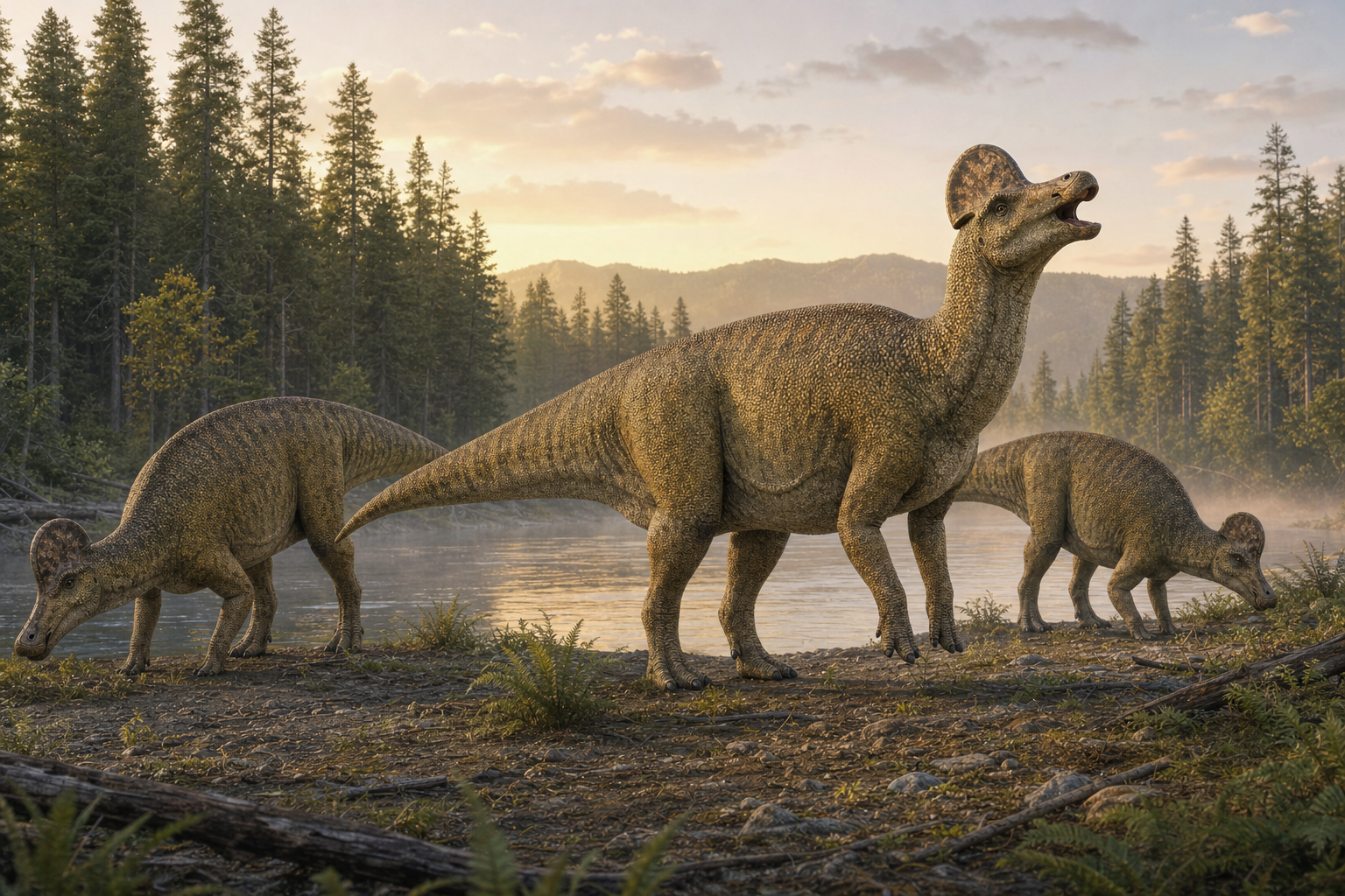 Troupeau de Corythosaurus près d'une rivière boisée du Crétacé, un individu la tête levée en train d'appeler