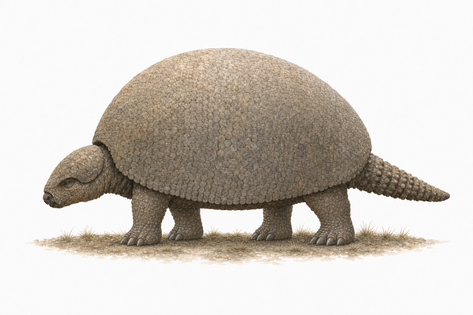 Reconstitution de profil du Glyptodon, mammifère massif protégé par une énorme carapace en dôme, avec une queue courte et segmentée sans massue, dans une plaine herbeuse