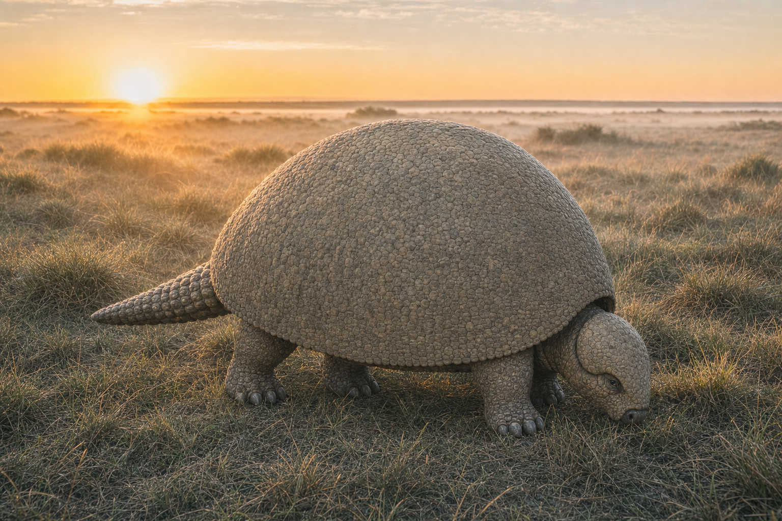 Scène d'un Glyptodon broutant dans une plaine herbeuse de la Pampa au petit matin, silhouette en dôme se détachant sur la brume