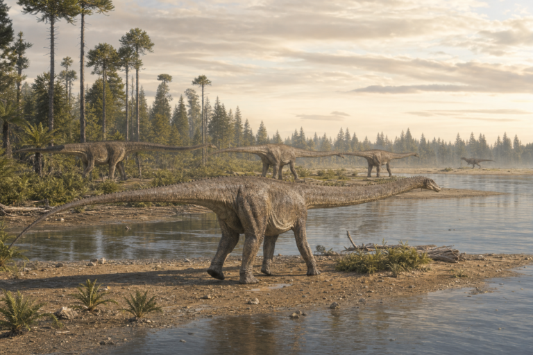 Reconstitution de plusieurs Diplodocus longeant une rive de lac dans un paysage de conifères du Jurassique supérieur