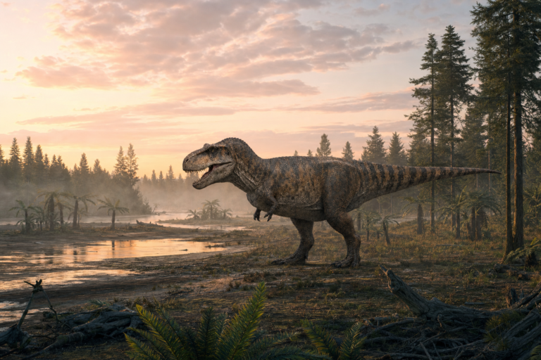 Reconstitution d'un Tyrannosaurus rex au lever du jour au bord d'une rivière, dans un paysage de conifères et de fougères