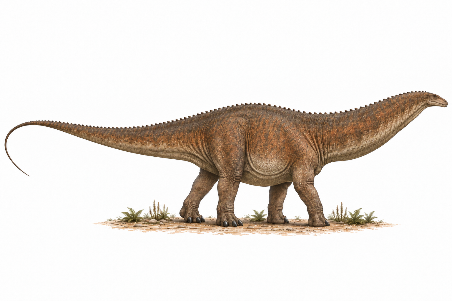 Reconstitution d'un Apatosaurus de profil, sauropode massif au cou épais et à la longue queue effilée, marchant à quatre pattes sur une fine bande de sol