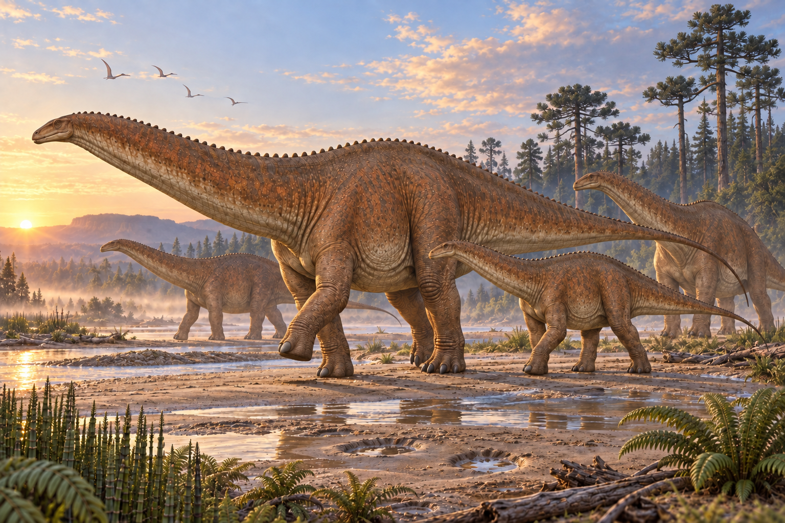Scène reconstituée : un troupeau d'Apatosaurus traversant une plaine d'inondation jurassique au lever du jour
