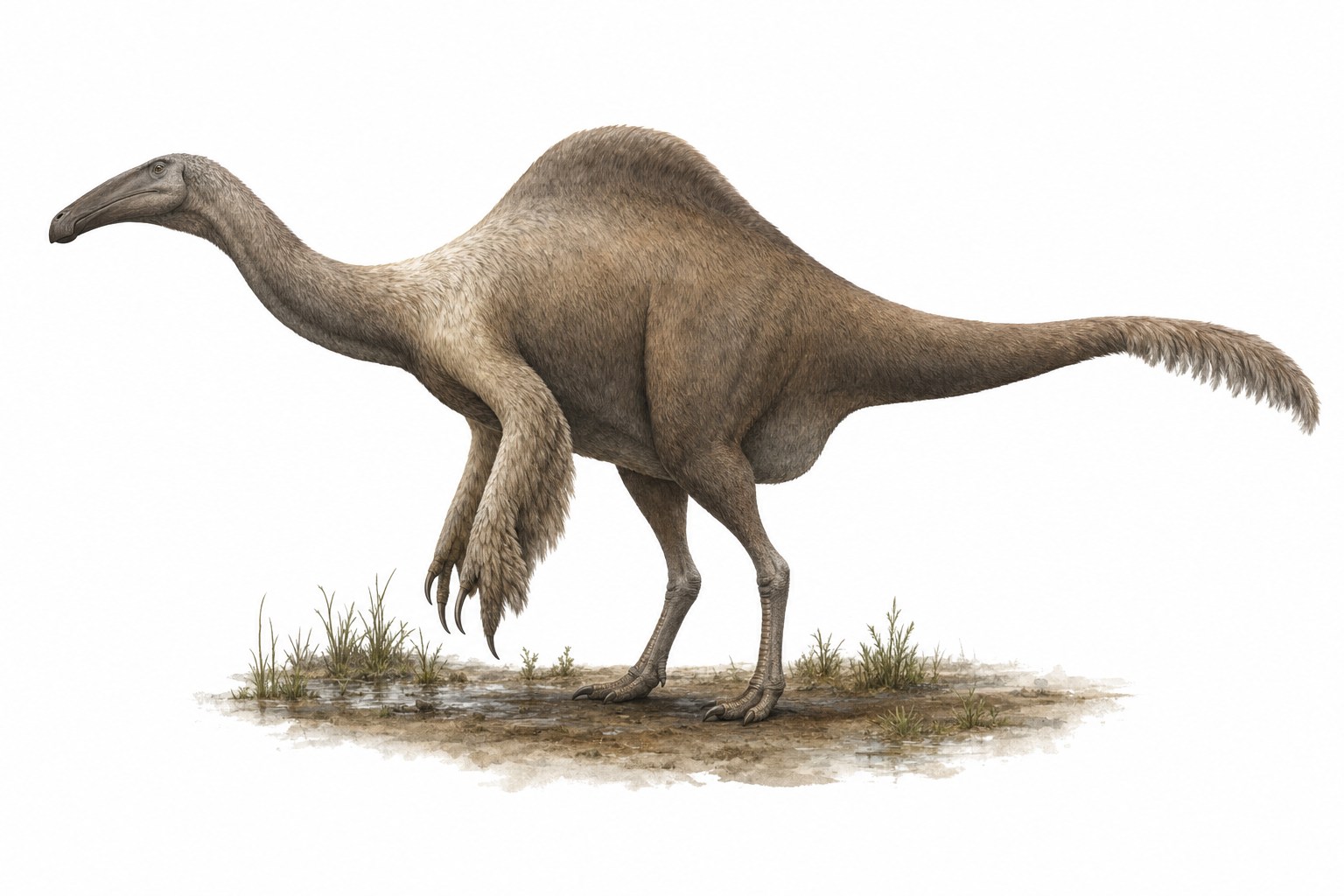 Reconstitution d'un Deinocheirus mirificus de profil, silhouette massive avec bosse dorsale et bec édenté façon hadrosaure, bras aux griffes imposantes, dans un paysage de plaine humide du Crétacé mongol