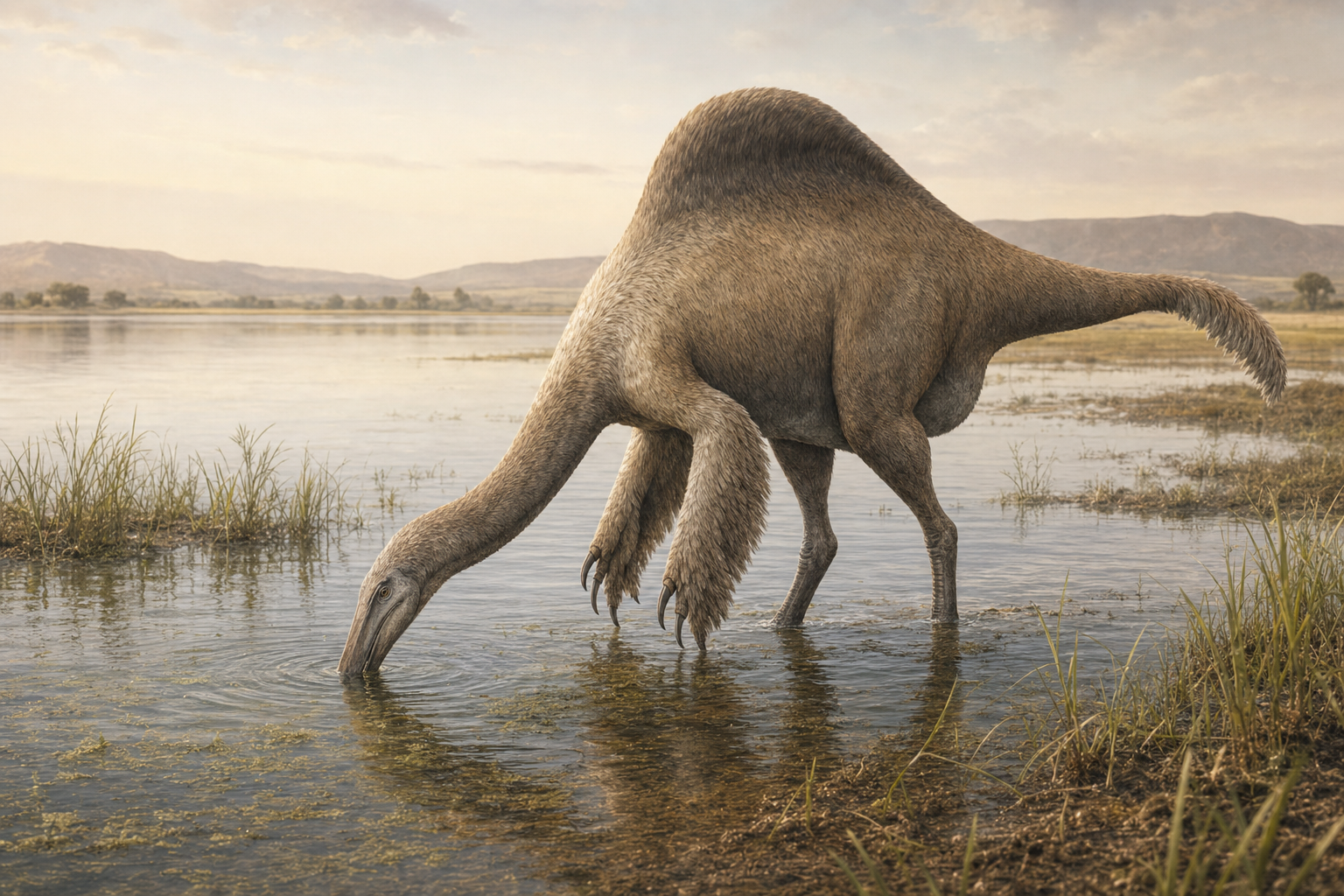 Deinocheirus mirificus pataugeant au bord d'un lac dans un environnement humide du Crétacé mongol, bec plongé dans la végétation aquatique