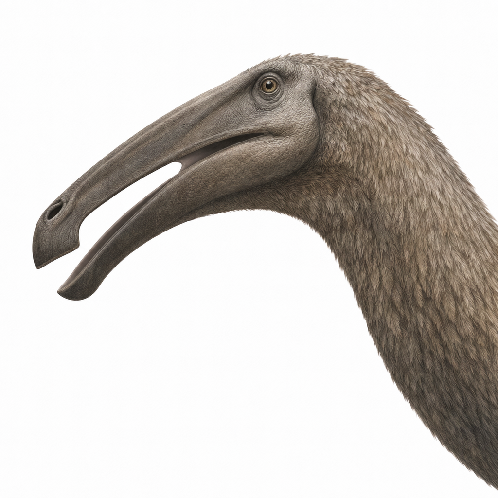 Gros plan sur la tête du Deinocheirus mirificus, montrant le bec large et édenté façon hadrosaure et le profil massif du crâne