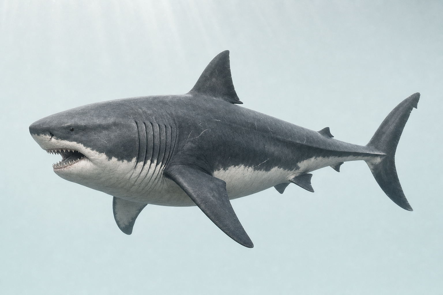 Reconstitution d'un mégalodon (Otodus megalodon) de profil, silhouette de requin géant au corps élancé, gueule entrouverte laissant voir ses dents triangulaires, au-dessus d'un fond marin sableux