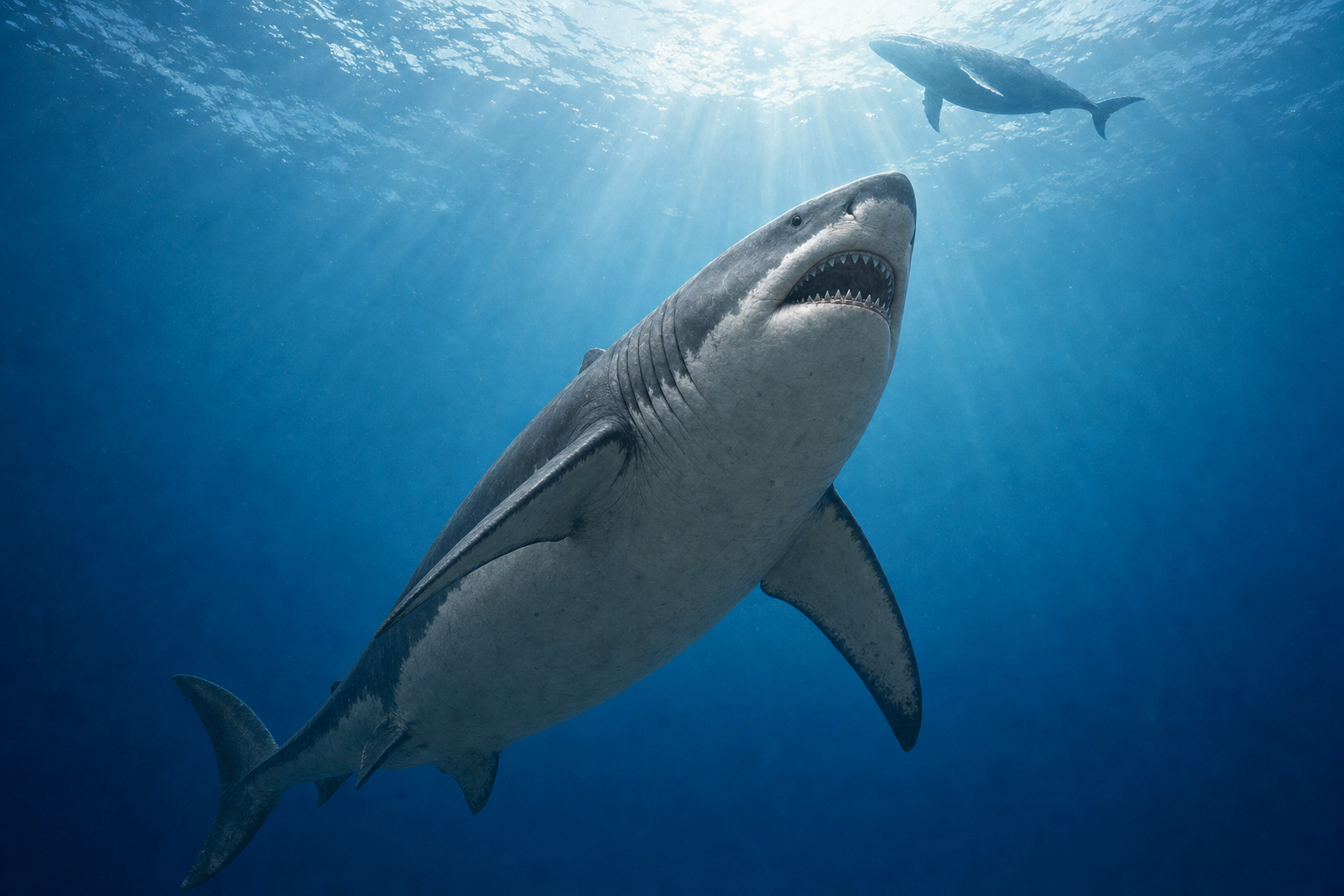 Scène de chasse : un mégalodon remonte des profondeurs vers la surface en direction d'une baleine, vu en contre-plongée dans une eau bleue traversée de rayons de lumière